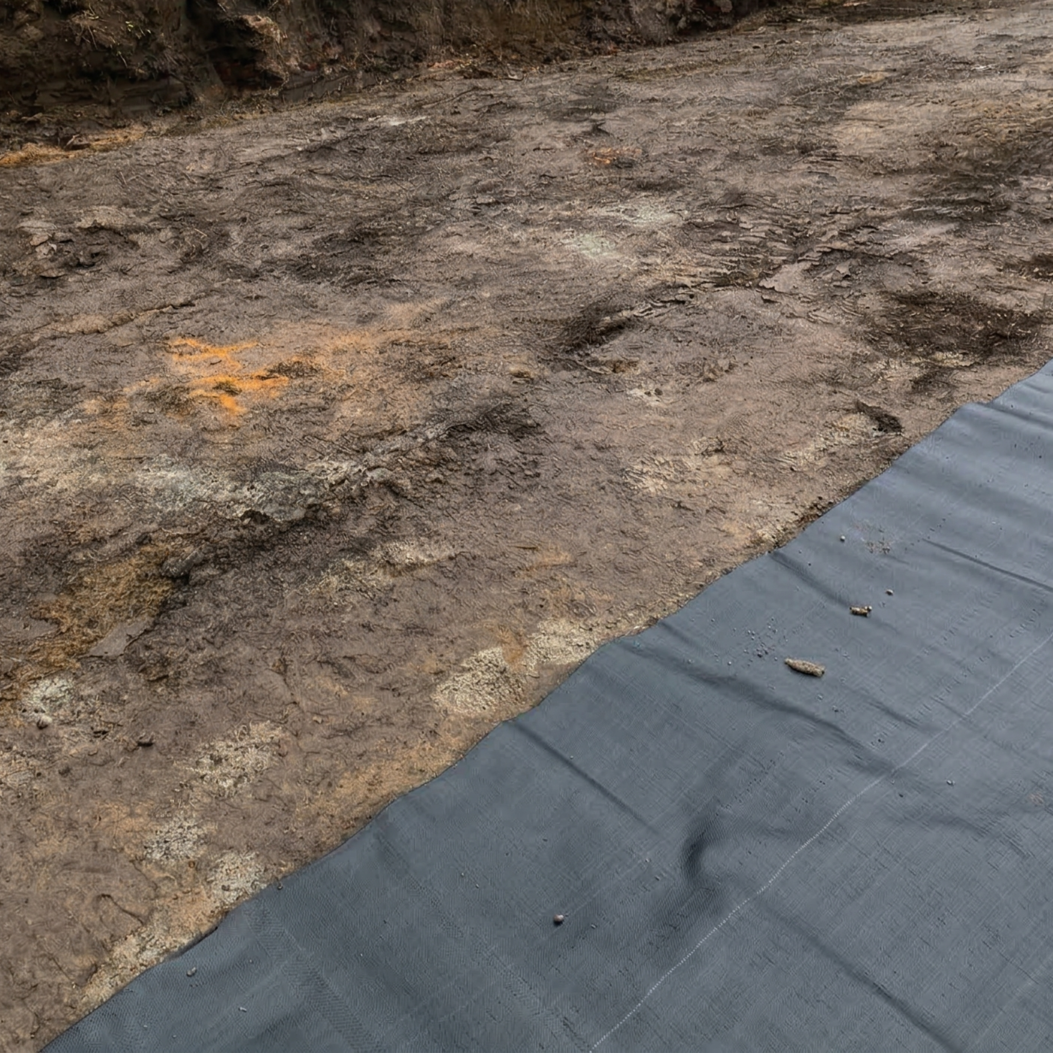 PP woven geotextile spread on site for layer separation and subgrade reinforcement.