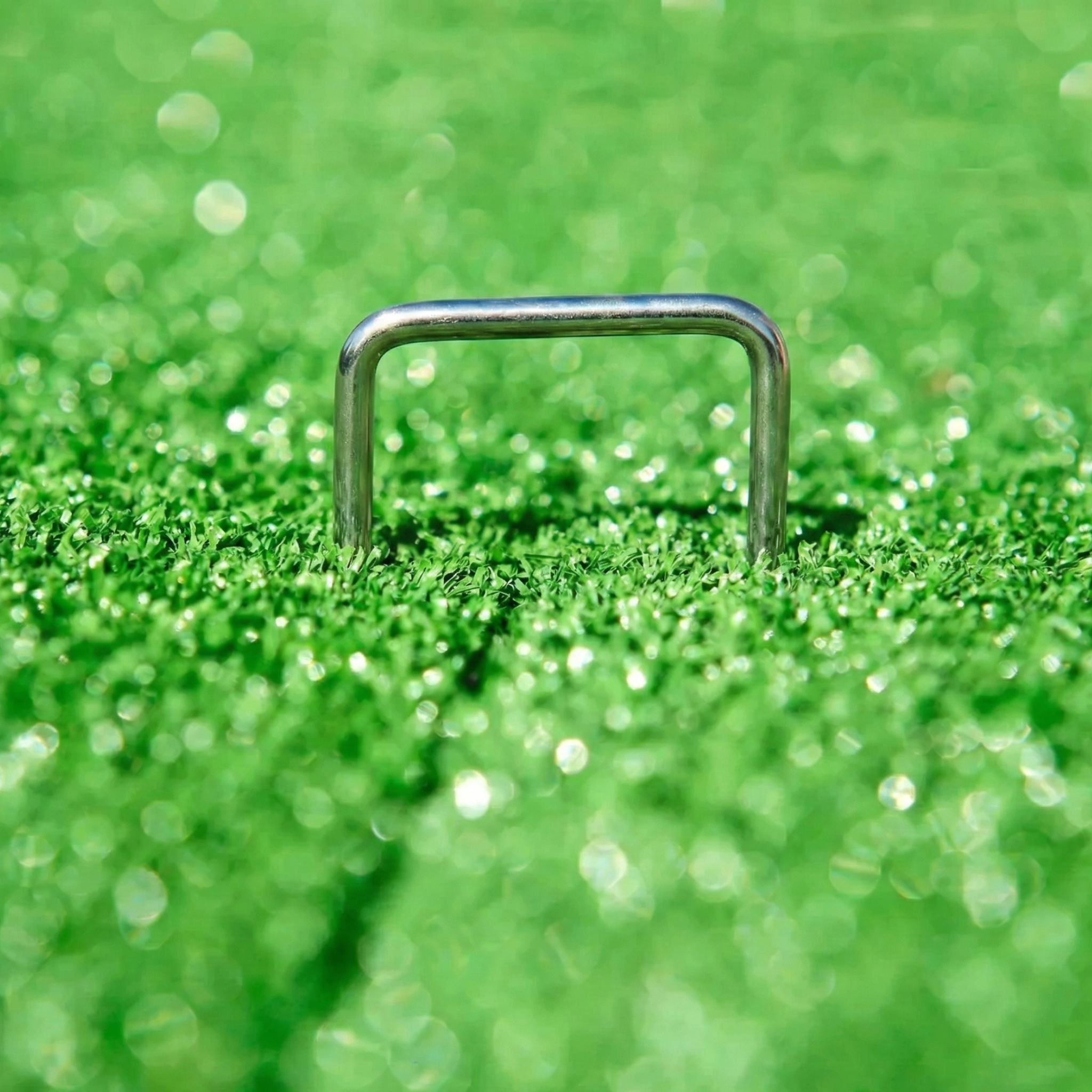 Metal anchoring staple firmly fastening the edges of artificial turf in residential projects in Santiago, DR.
