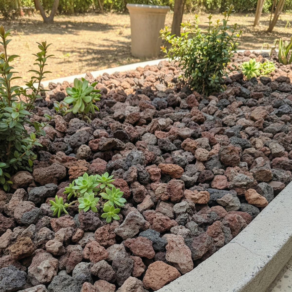 Application de gravier volcanique dans des jardinières extérieures comme paillis décoratif et pour le contrôle des mauvaises herbes en République dominicaine.