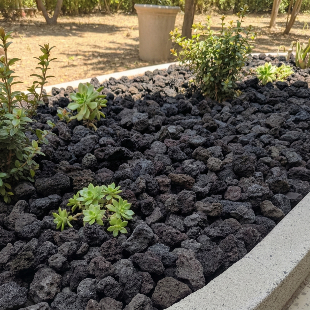 Application de gravier volcanique comme couverture décorative qui retient l'humidité et limite les mauvaises herbes.