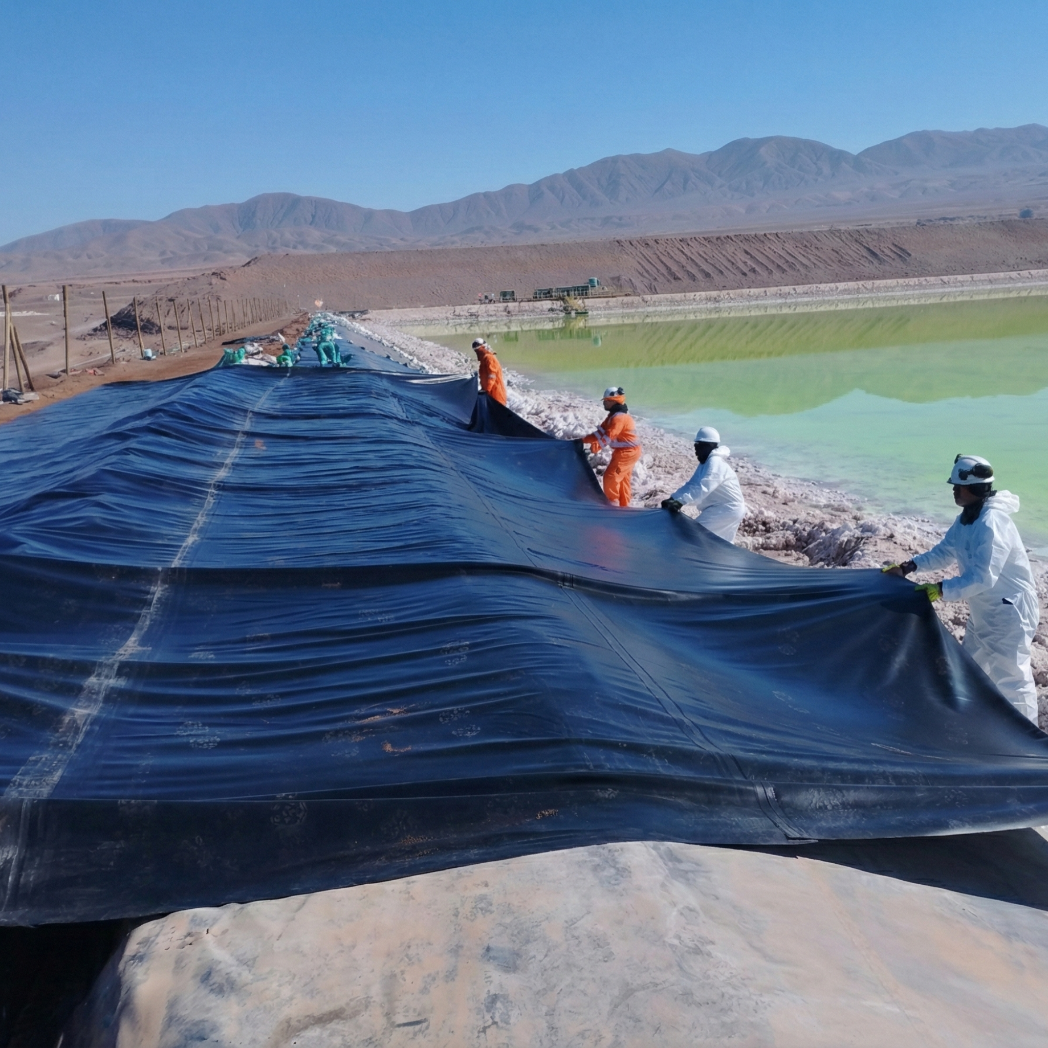 Proceso de instalación de geomembrana en un gran reservorio de agua para abastecimiento agrícola en RD.
