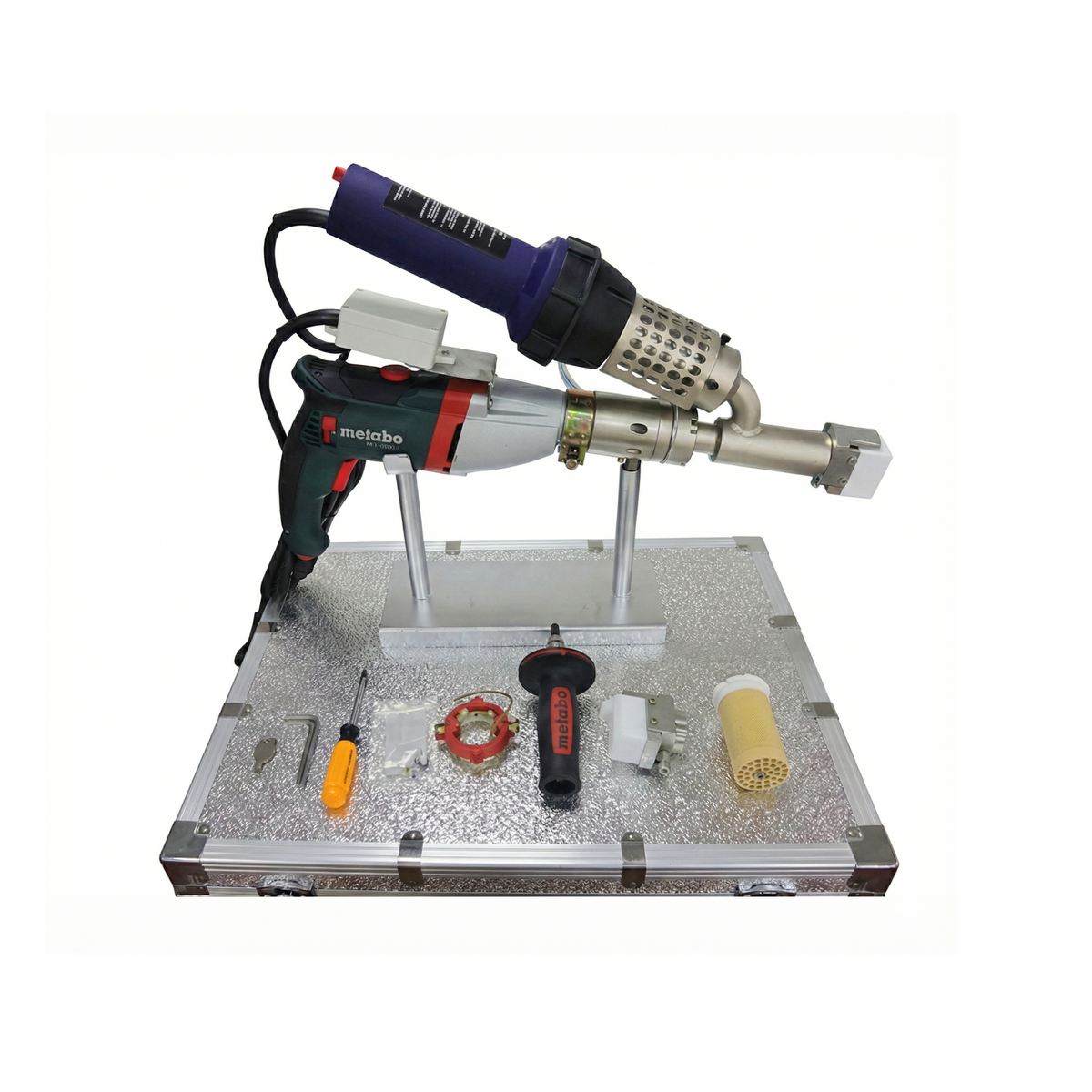 Carrying case with manual extrusion welder and heat gun kit including nozzles and accessories, professional equipment for welding geomembrane and repairing vehicle bumpers and plastic tanks.