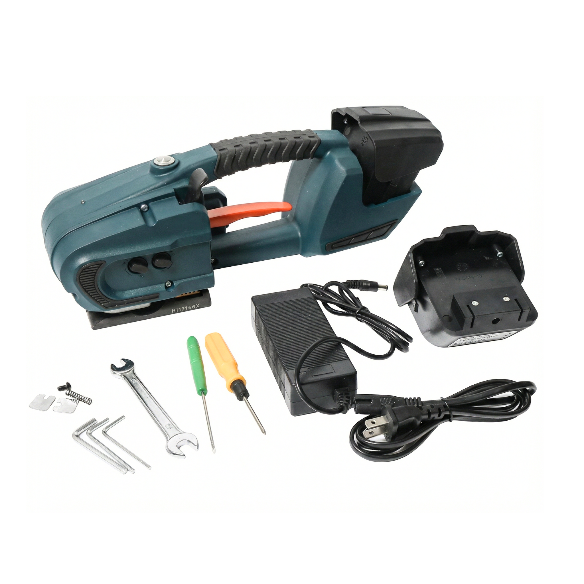 Kit completo de flejadora eléctrica industrial que incluye batería, cargador y herramientas de mantenimiento en Santiago, RD.