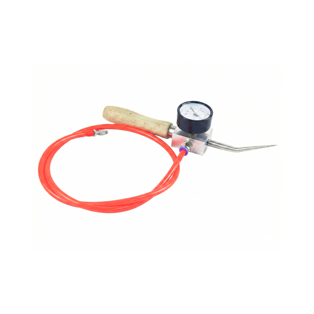Manometer with needle and orange hose used to perform tightness tests in waterproofing projects in the Dominican Republic.