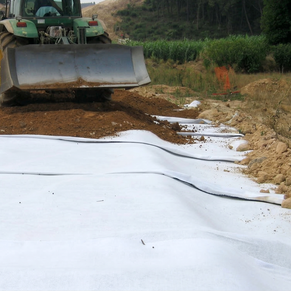 Tracteur étendant de la terre sur le système de drainage planaire dans un projet d'aménagement paysager.