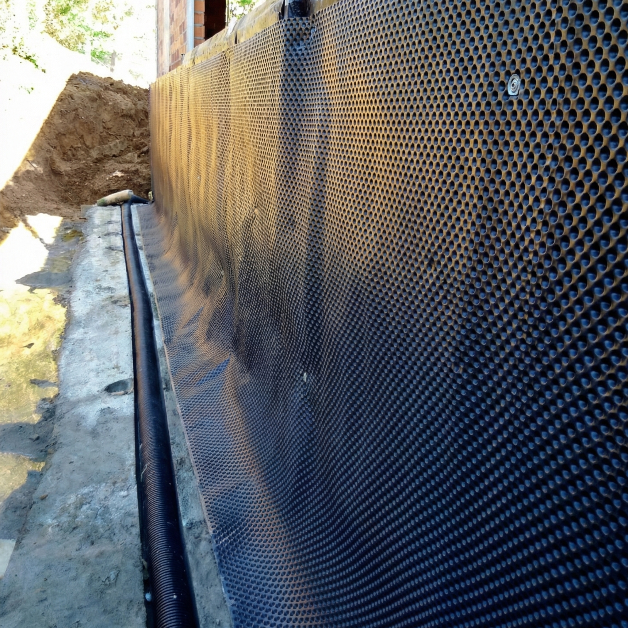 Detail of a nodular dimple drainage membrane or sheet applied on retaining walls for moisture control in DR construction projects.