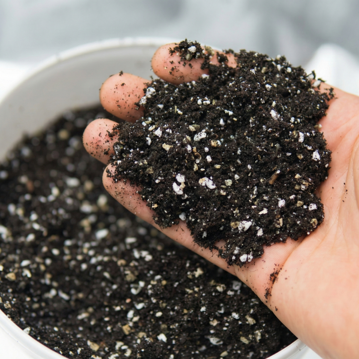 Main tenant un substrat de terre mélangé à de la perlite agricole pour améliorer l'aération et le drainage des plantes en République dominicaine.