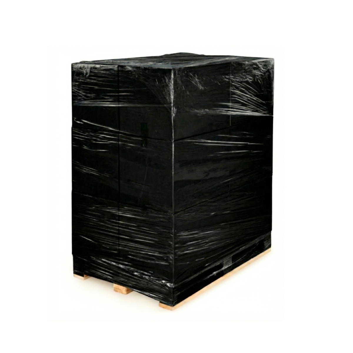 Pallet of goods secured with black stretch film for discreet and safe packaging in free trade zones of the Dominican Republic.