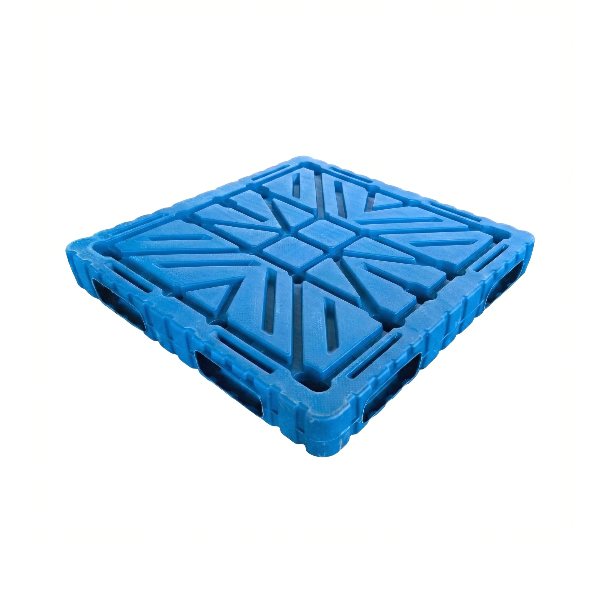 Vista superior de pallet plástico reversible azul para carga pesada y optimización de almacenes en República Dominicana.