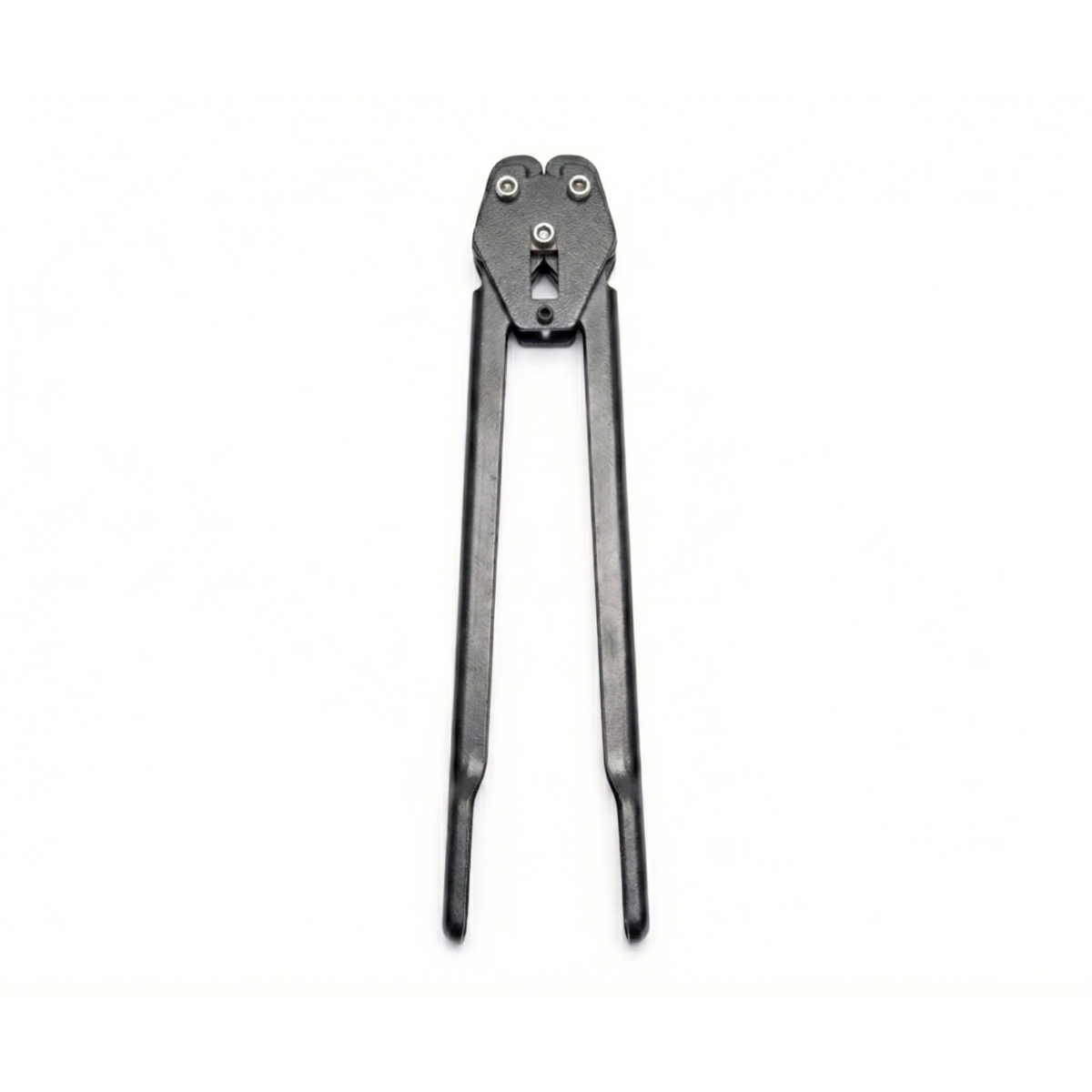 Long-handle sealing pliers for closing metal seals on polypropylene plastic strapping.