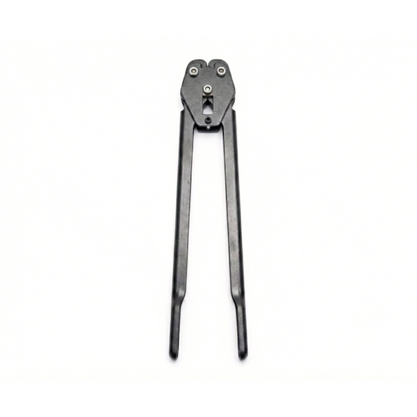 Pince de scellement à longs manches pour fermer les agrafes métalliques sur les feuillards plastiques en polypropylène.