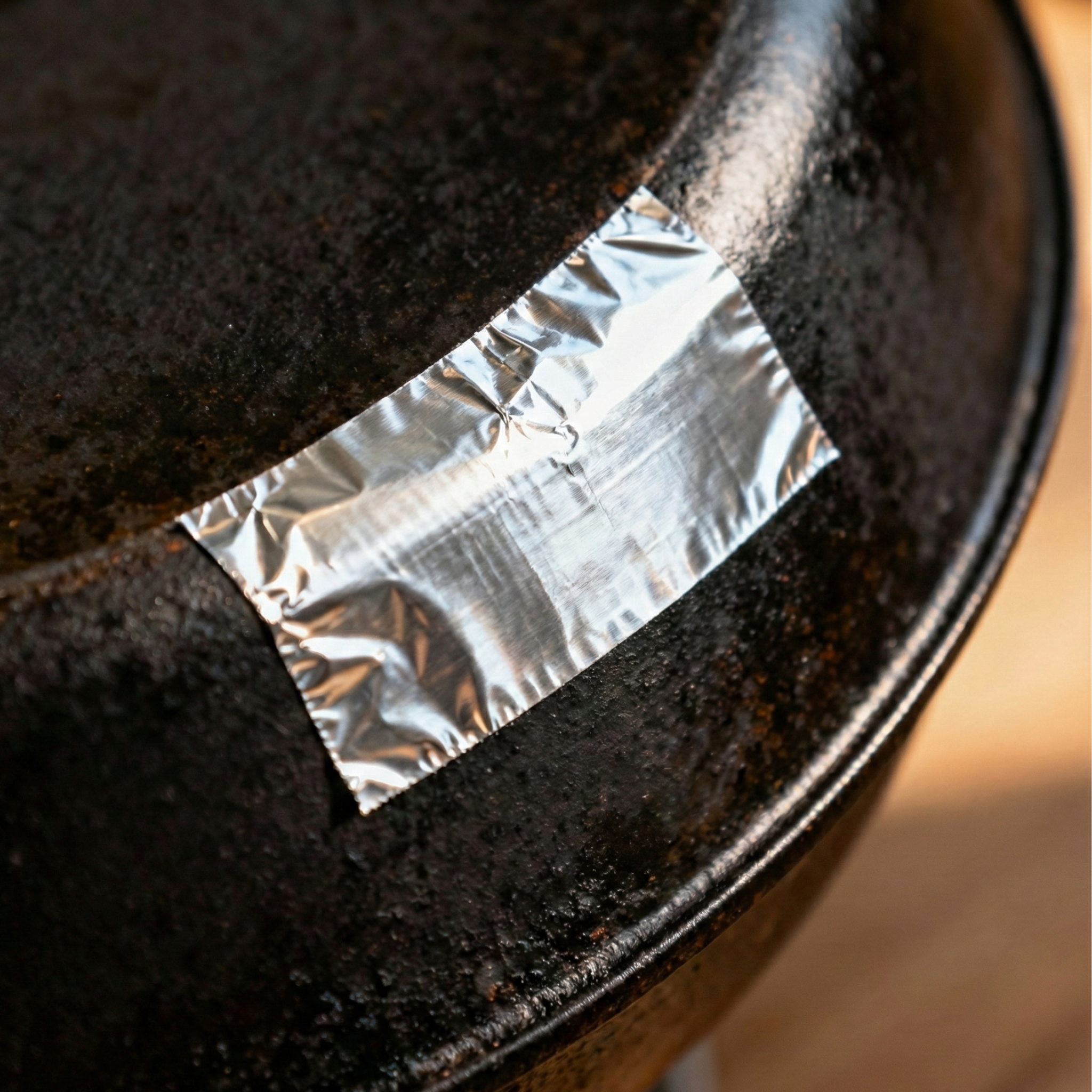 Fondo de un caldero u olla negra reparado con un parche de cinta de aluminio adhesiva resistente al calor.