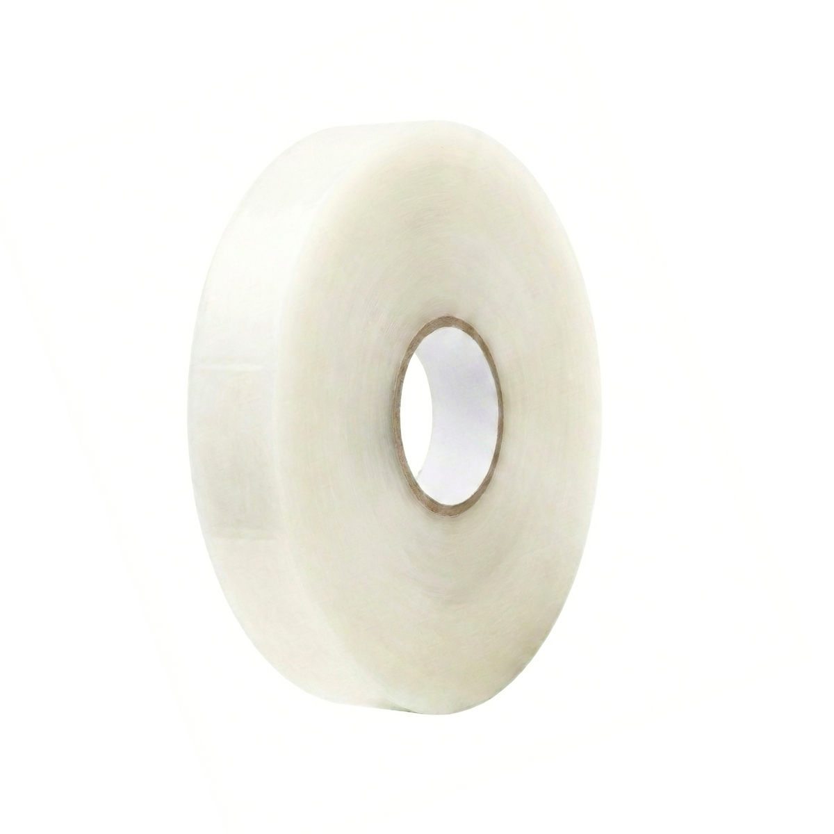 Roll of clear machine adhesive tape or high-adhesion industrial packing tape for sealing and closing boxes.