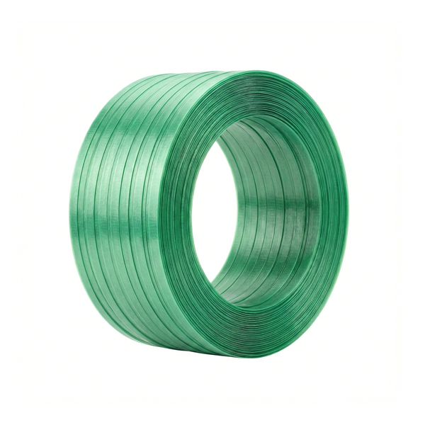 Roll of green polyester (PET) strapping for tying and securing heavy loads in free trade zones in Punta Cana.