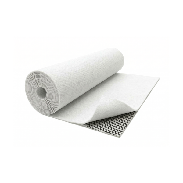 Rollo de geocompuesto drenante parcialmente desenrollado mostrando el geotextil blanco y la geored negra