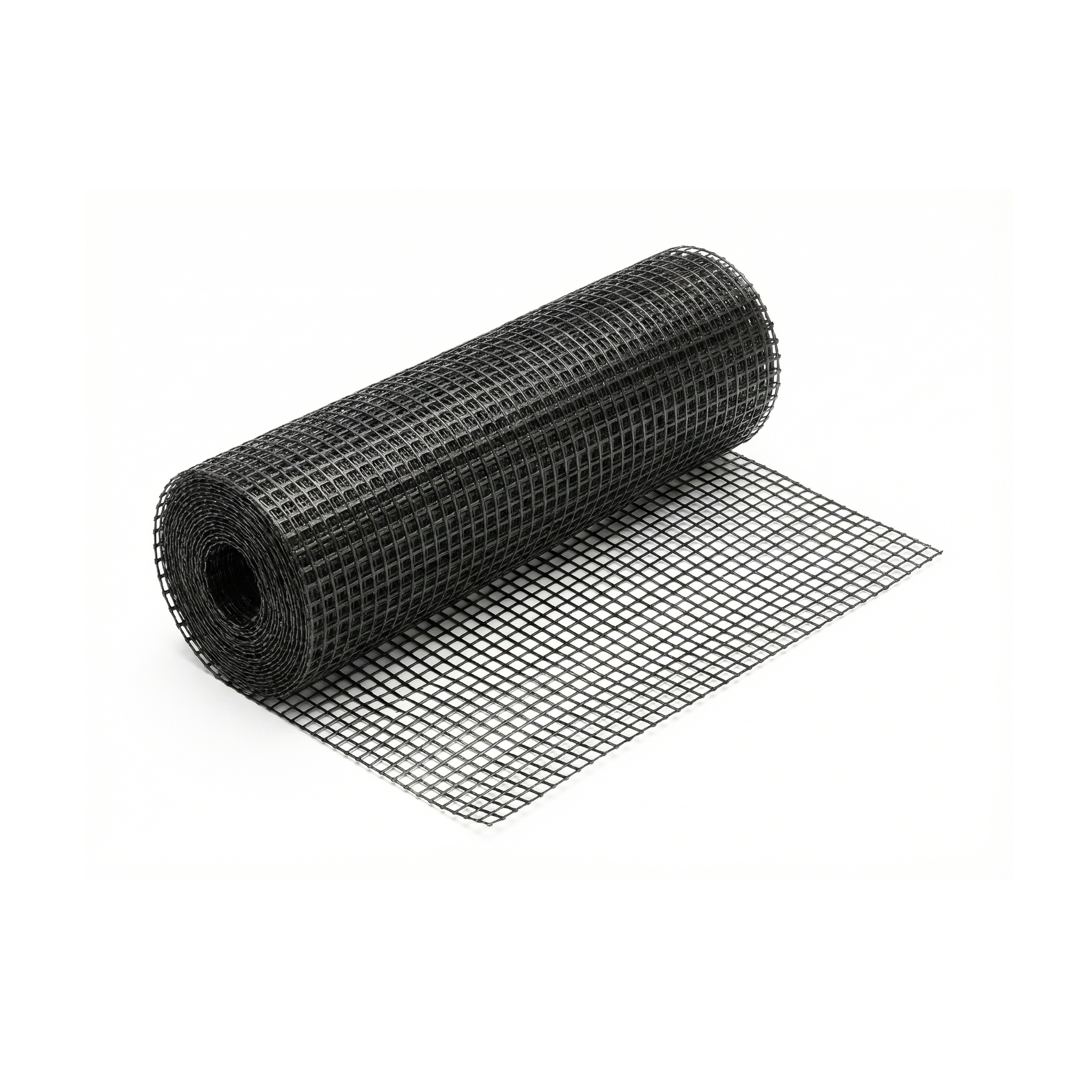 Rollo de geomalla biaxial negra para refuerzo de suelos y estabilización de terrenos en proyectos de ingeniería en República Dominicana.