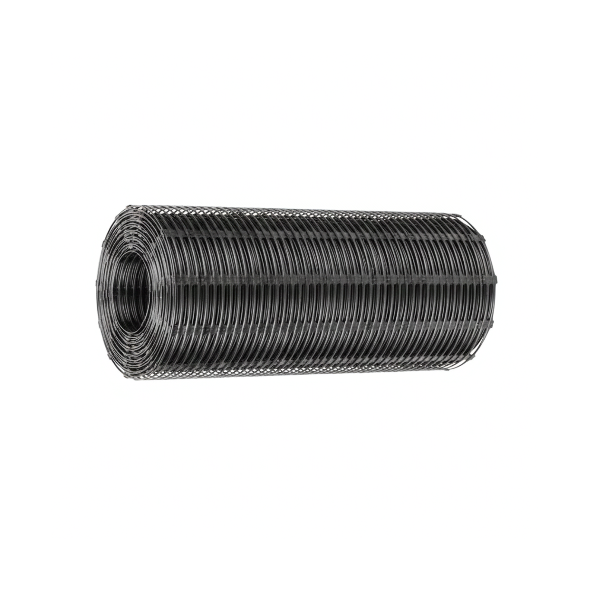Rollo de geomalla uniaxial estructural negra utilizada para el refuerzo, retención y estabilización de suelos en obras de ingeniería.