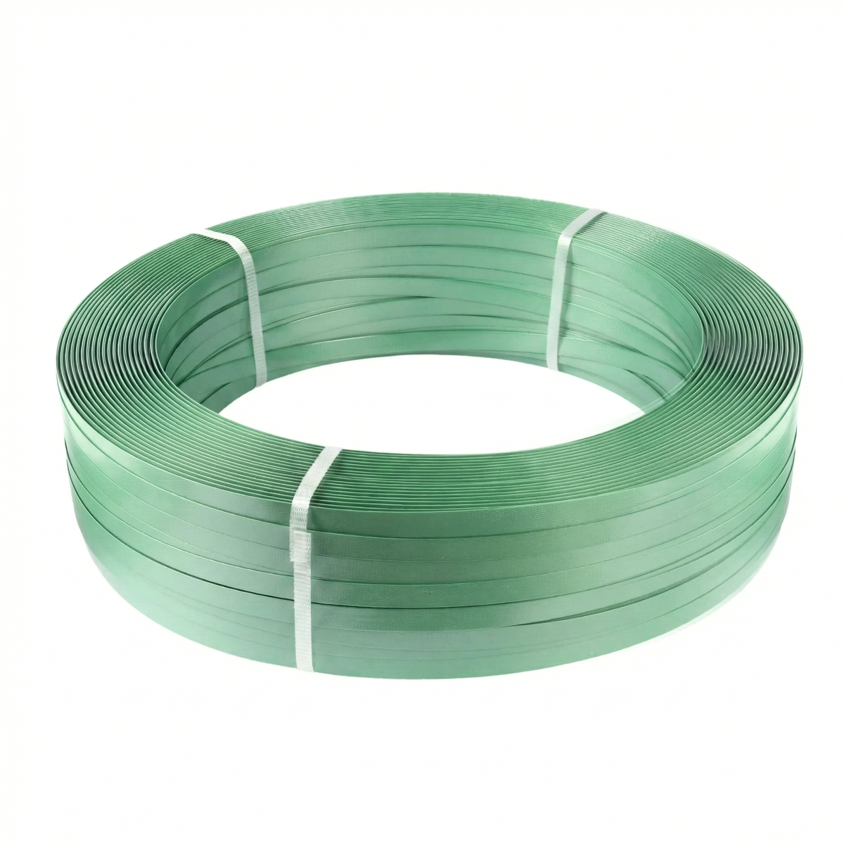 Roll of green polypropylene (PP) strap or plastic strapping, an economical and durable material for strapping boxes and pallets in the warehouse.