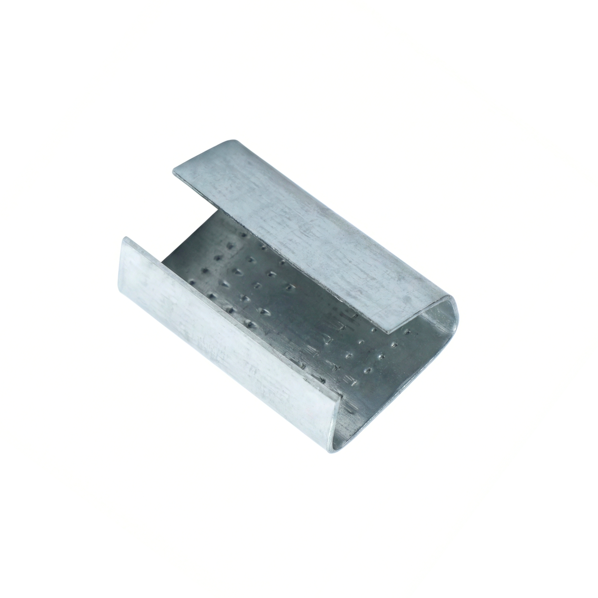 Sello PET metálico con interior antideslizante diseñado para asegurar zunchos de alta tensión en operaciones de embalaje en República Dominicana.