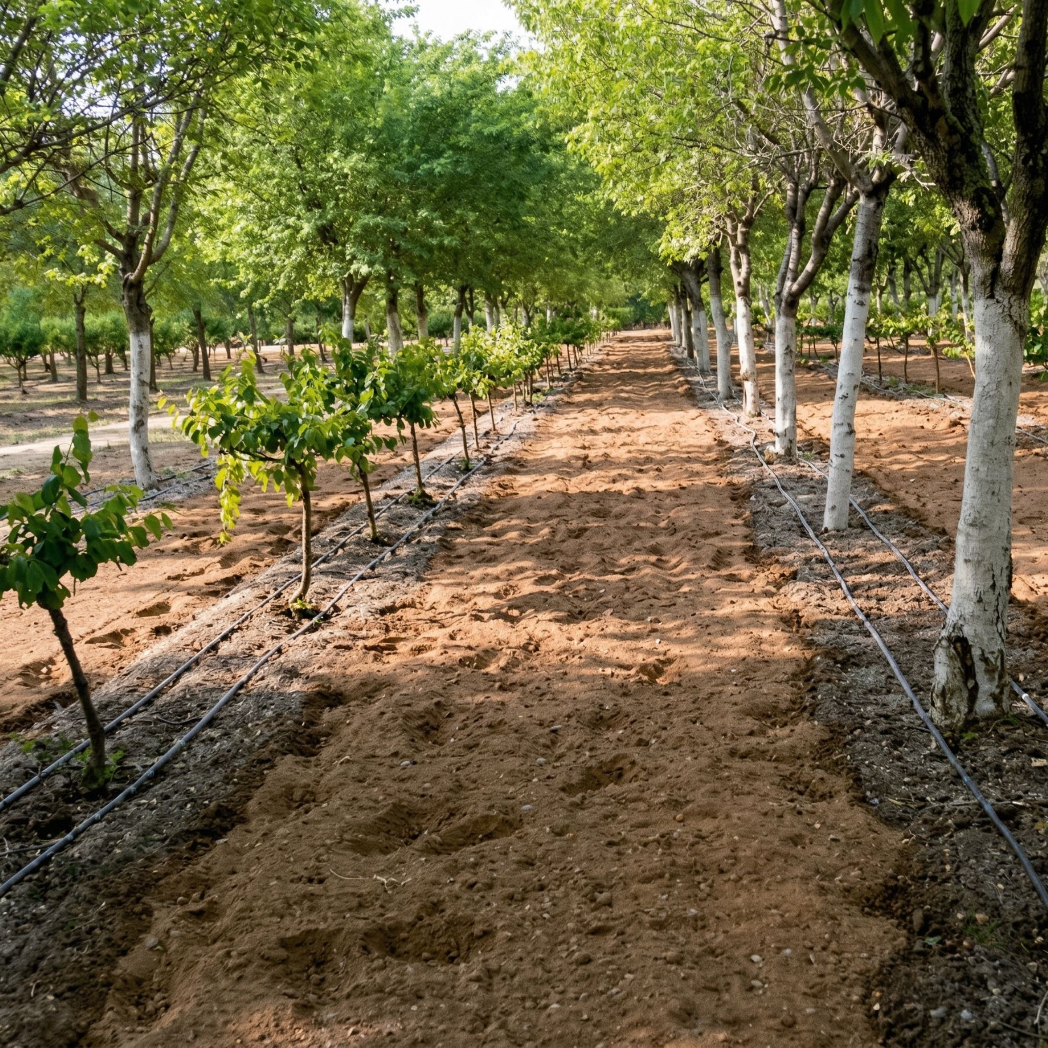 View of the installed drip irrigation system, optimizing water use in crops.