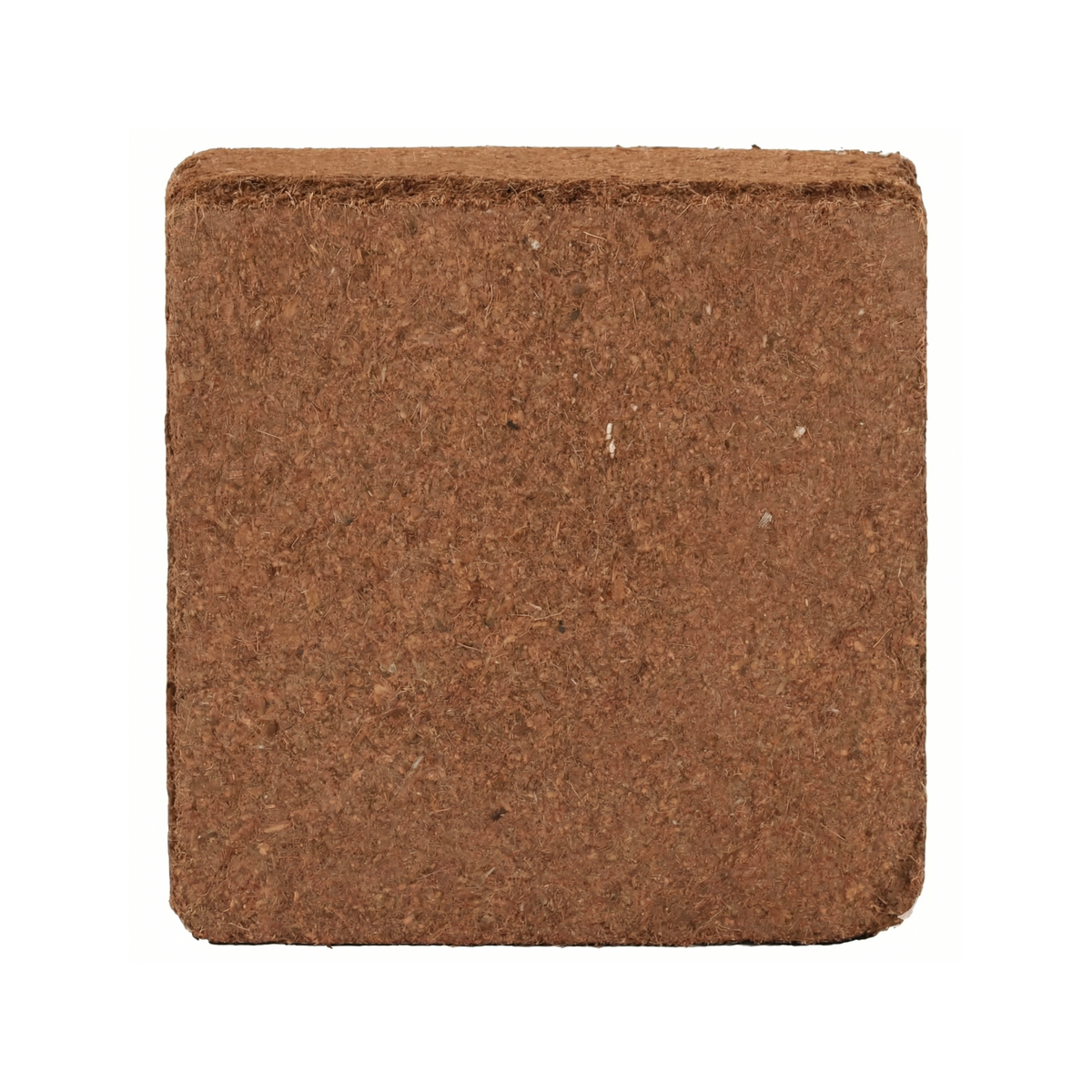 Vue de dessus de tourbe de coco pressée en forme carrée, substrat 100% biologique pour l'agriculture et les pépinières en République dominicaine.