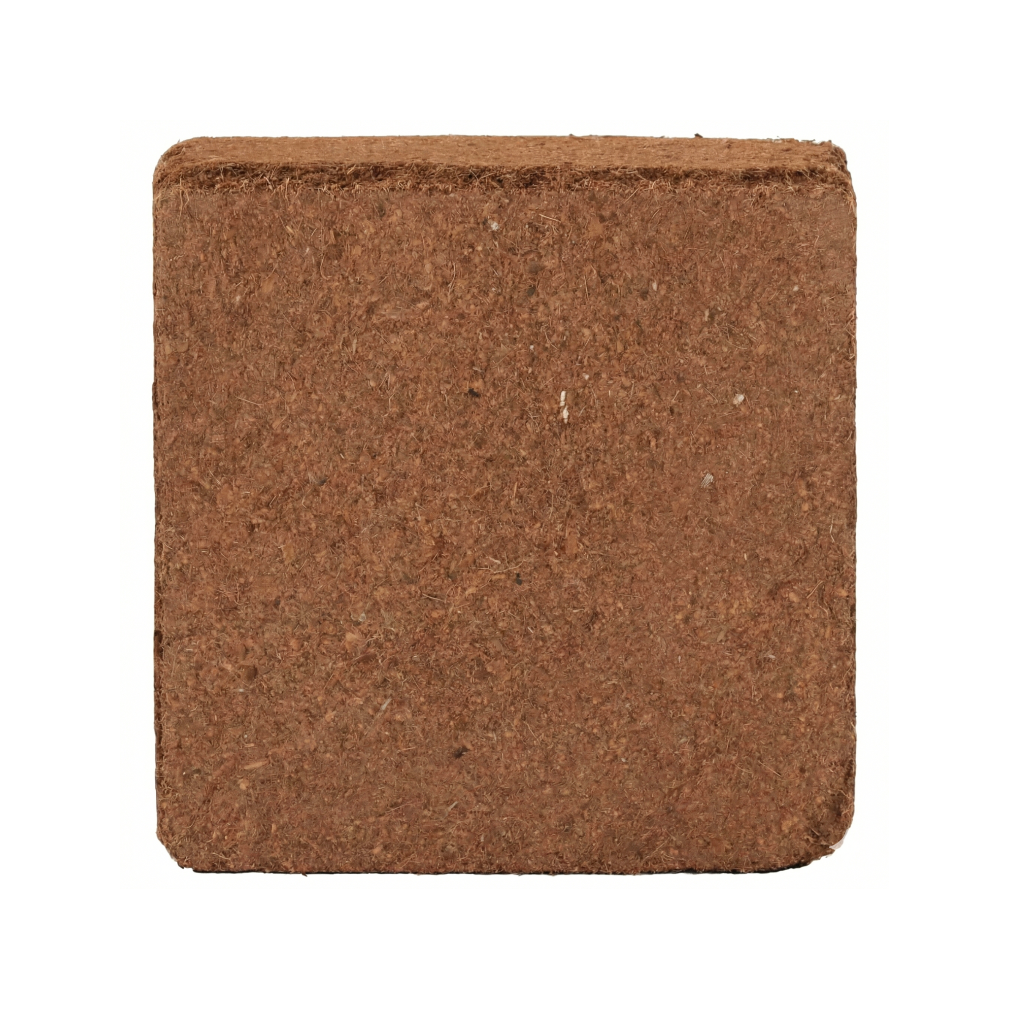Vue de dessus de tourbe de coco pressée en forme carrée, substrat 100% biologique pour l'agriculture et les pépinières en République dominicaine.