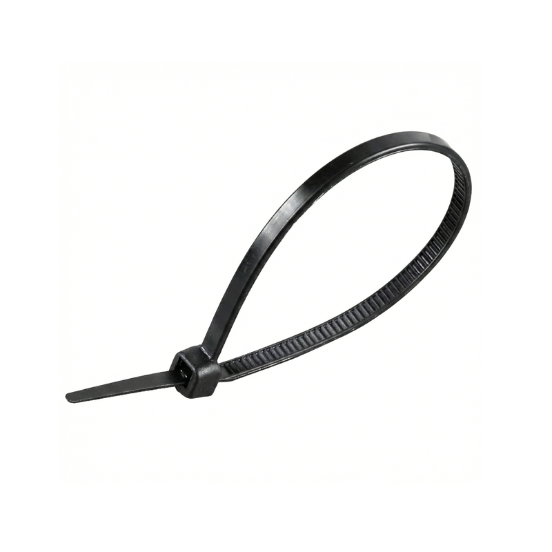 Black high-strength cable tie or plastic strap with UV protection for outdoor use and secure tying.