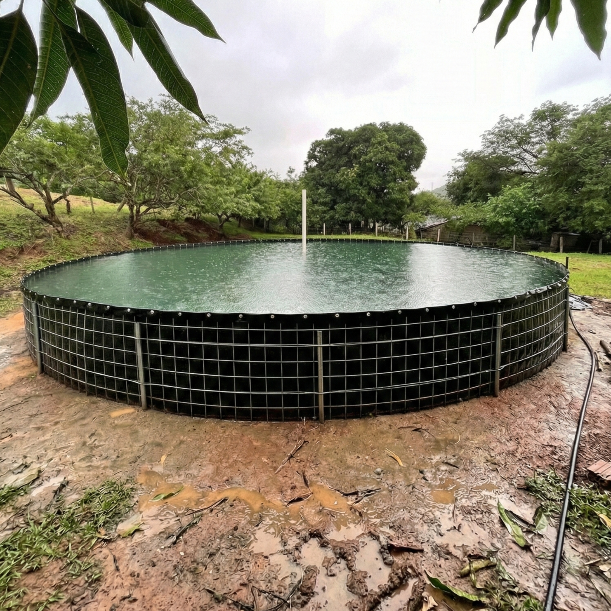 Tanque metálico revestido con geomembrana negra de textura lisa para almacenamiento seguro de líquidos en RD.