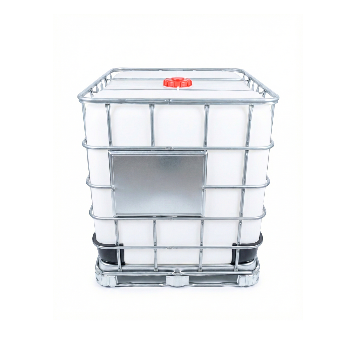 White IBC tote tank with front identification plate, ideal for logistics and chemical storage in DR.