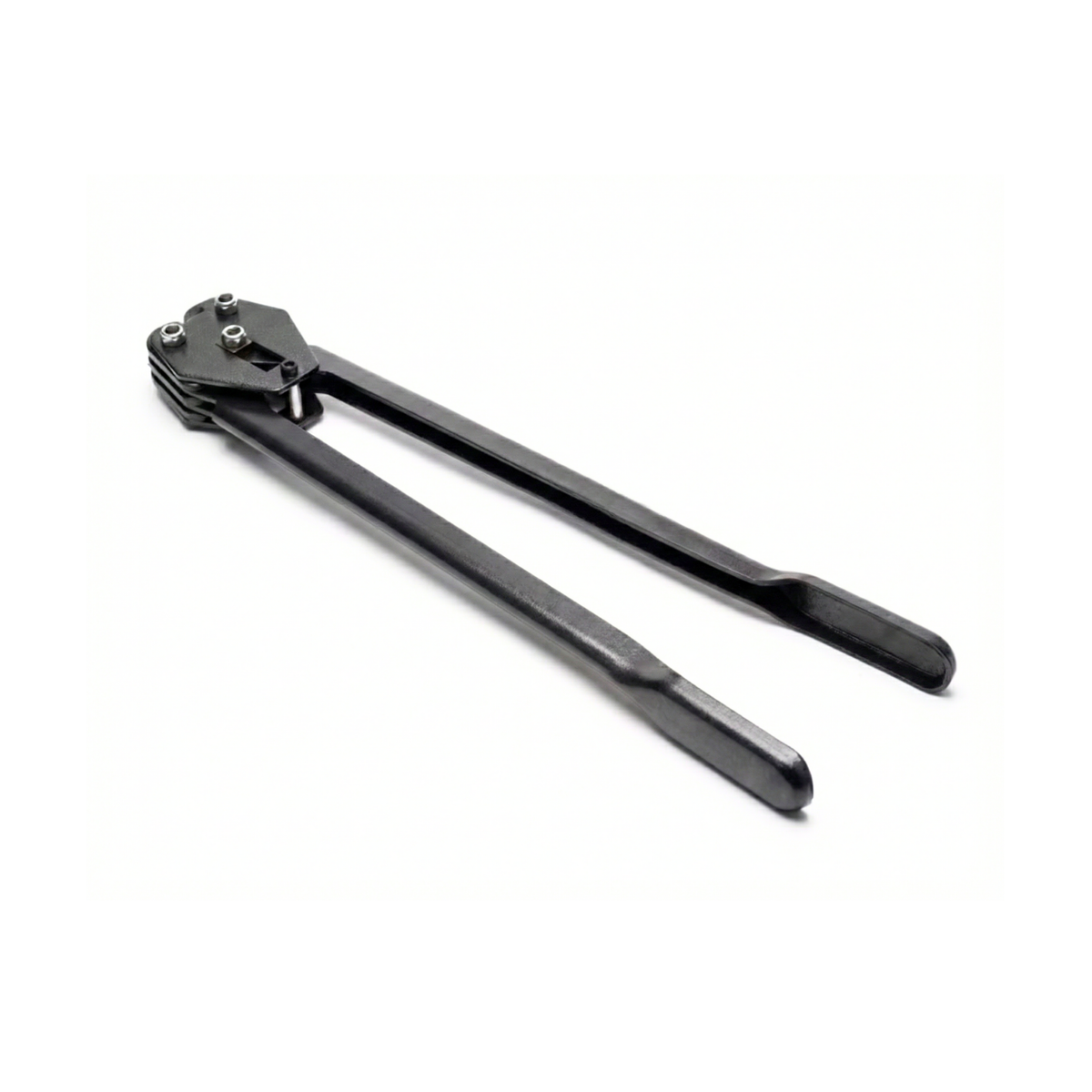 Professional black sealing tool or clincher for securing cargo with staples on packaging strapping.