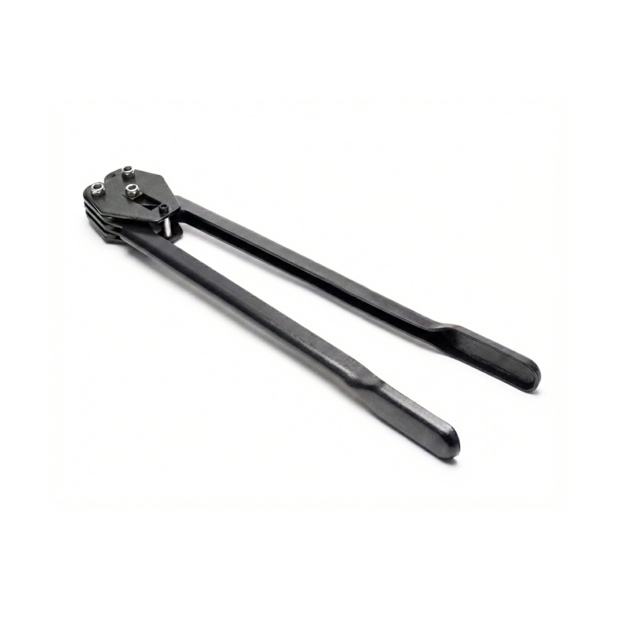 Tenaza o herramienta de sellado profesional color negro para asegurar la carga mediante grapas en sunchos de empaque.