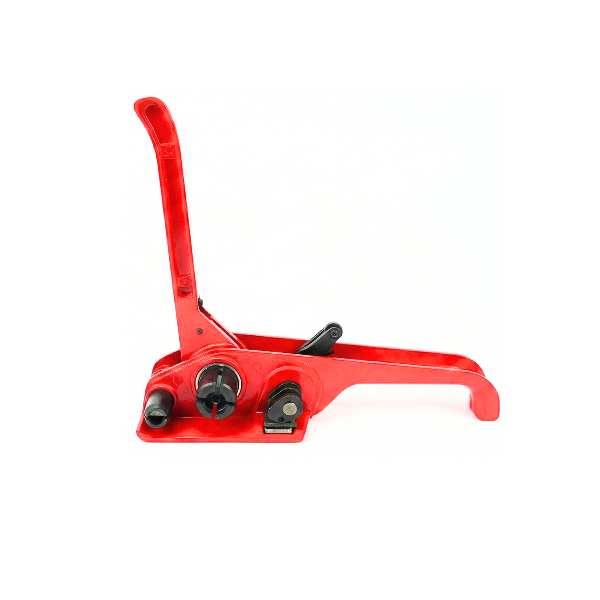 Red PET strap tensioner for high-strength plastic strapping in warehouses.